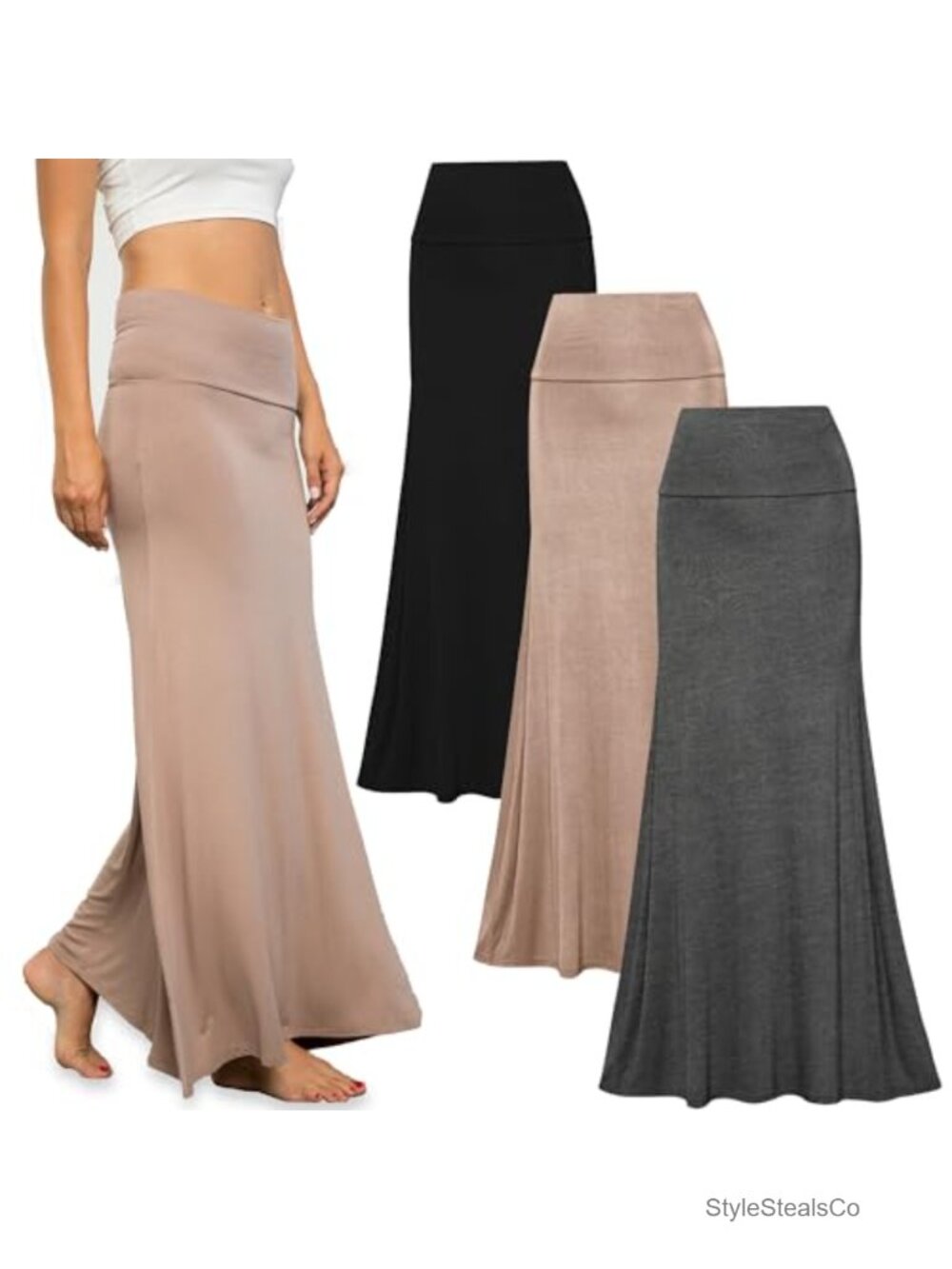 Women's Flowy Maxi Skirts 3-Pack High Waist Rayon Spandex Stretchy